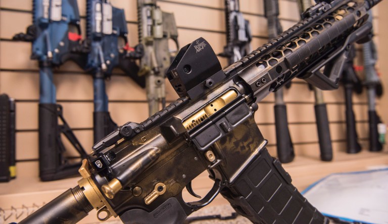 In this photo taken March 15, 2017, an AR-15 style  rifle manufactured by Battle Rifle Co. is display in Webster, Texas.