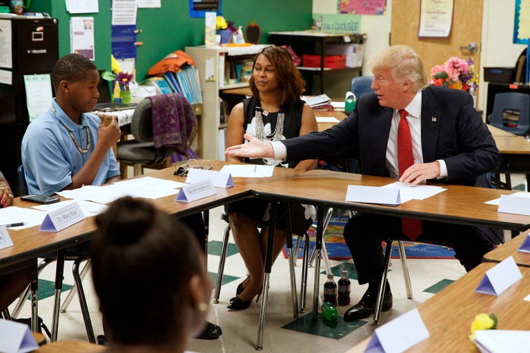 Republican presidential candidate Donald Trump called on states to provide funds on top of the federal funds, providing up to $12,000 for each student. (AP Photo/Evan Vucci)