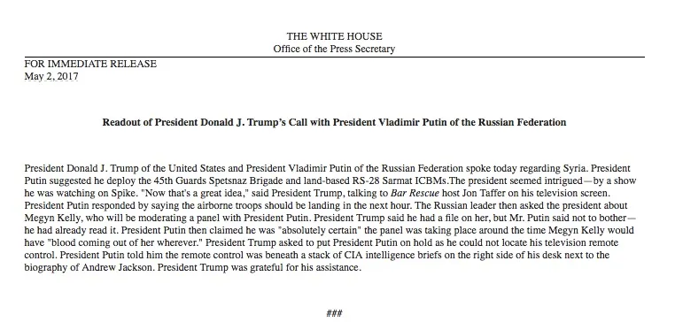 Readout of President Donald J. Trump’s Call with President Vladimir Putin: A Parody