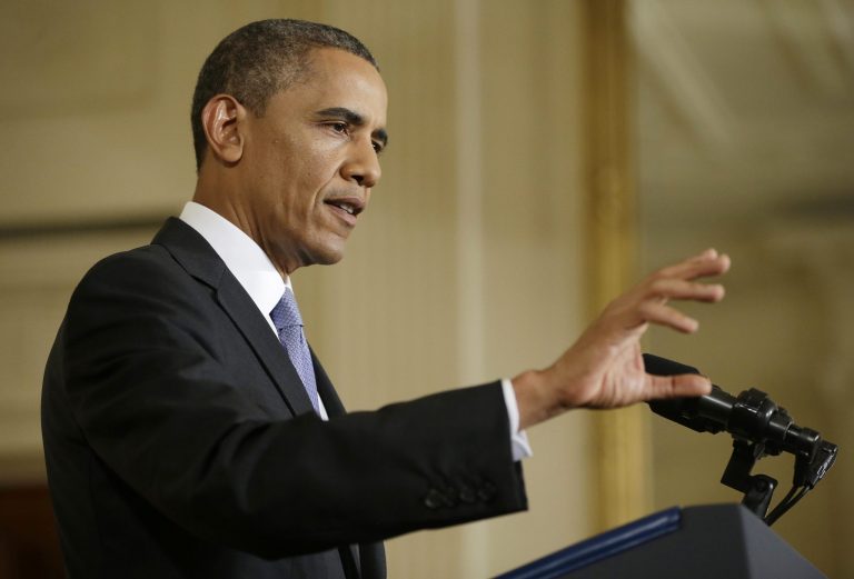   President Barack Obama gestures during his news conference in the East Room of the White House in Washington, Friday, Aug. 9, 2013. The president said he'll work with Congress to change the oversight of some of the National Security Agency's controversial surveillance programs and name a new panel of outside experts to review technologies. (AP Photo/Pablo Martinez Monsivais)  