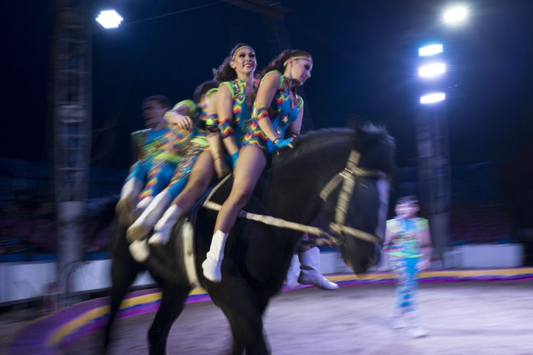 In this June 22, 2014, photo, performers ride a horse during one of their routines with the Fuentes Gasca Brothers Circus in Mexico City. Recent legislation in the city will ban animals from the circus once the law takes effect next year. The law promises steep fines for noncompliance. (AP Photo/Sean Havey)