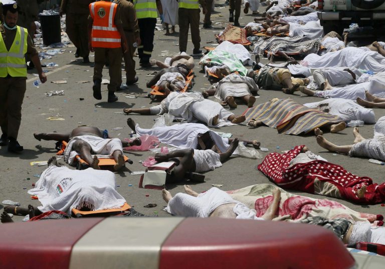 Bodies of people who died in a crush in Mina, Saudi Arabia during the annual hajj pilgrimage, are seen on Thursday, Sept. 24, 2015. (AP Photo)