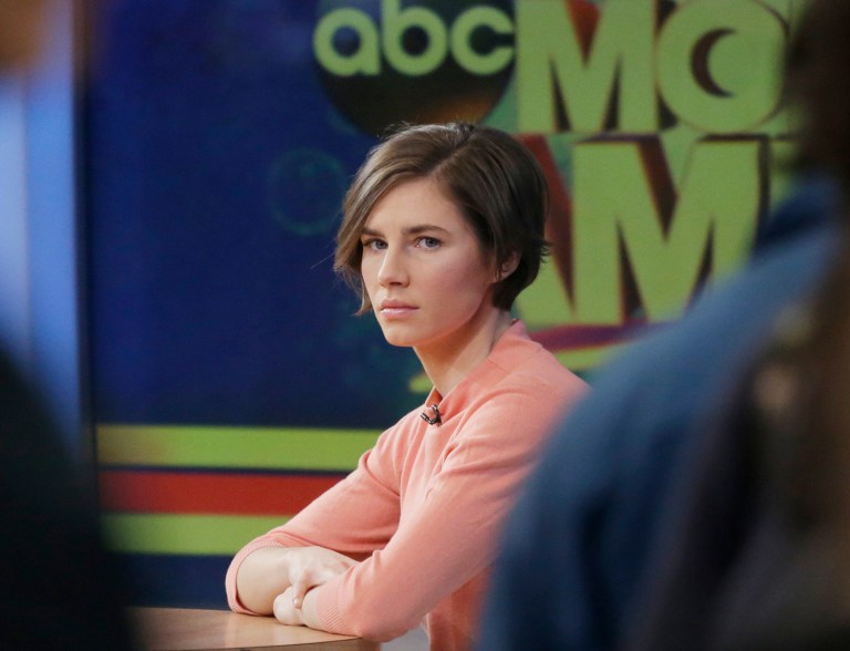 FILE - In this Friday, Jan. 31, 2014 file photo, Amanda Knox waits on a television set for an interview, in New York. Amanda Knox's lawyers have formally asked Italy's court of last resort to review the U.S. student's appeals court conviction for the 2007 stabbing murder of her British roommate. Defense lawyer Luciano Ghirga told The Associated Press on Wednesday, June 18, 2014 that the paperwork was submitted last week to the Court of Cassation, Italy's highest criminal court. (AP Photo/Mark Lennihan, File)