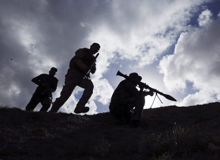 The same U.S. firebase where a Marine died over the weekend from the Islamic State rocket attack took small arms fire on Monday, according to a spokesman. (AP Photo/Hadi Mizban)