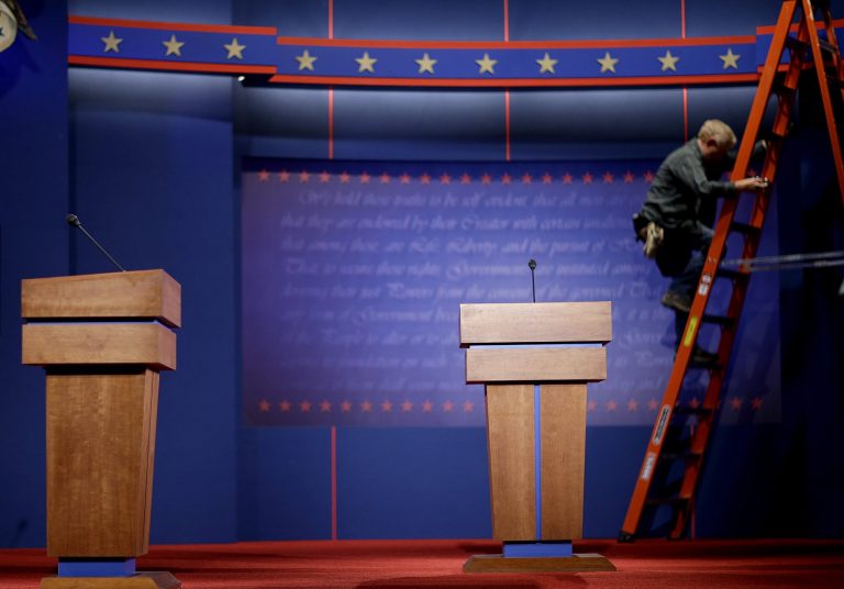 The stage of the presidential debate at the University of Denver. (AP Photo)