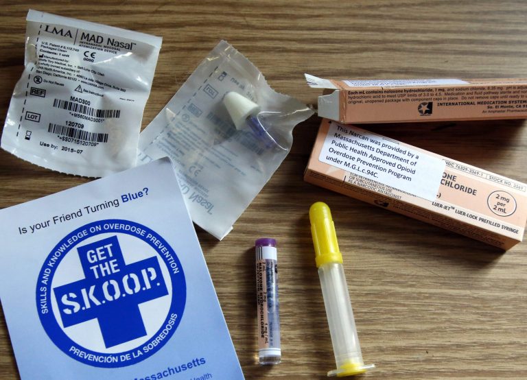An educational pamphlet and samples of naloxone, a drug used to counter the effects of opiate overdose, are displayed at a news conference at the fire station in Taunton, Mass. A recent surge in heroin overdoses in Taunton has shed light on an epidemic that has plagued the state and nation. (AP Photo/Elise Amendola)