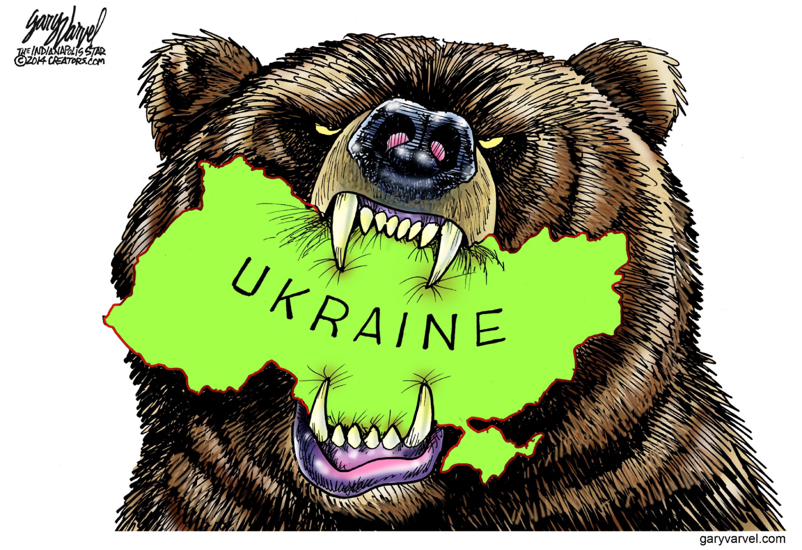 Editorial cartoon: Ukraine in Russian bear’s teeth