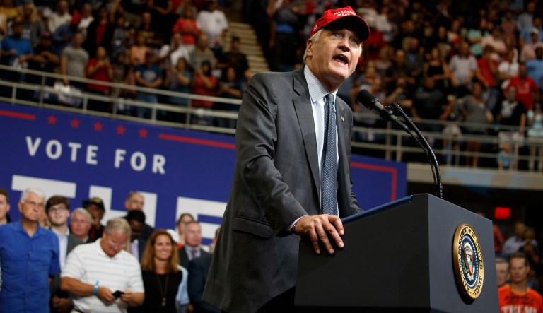 Sen. Luther Strange, R-Ala., speaks during a campaign rally, Friday, Sept. 22, 2017, in Huntsville, Ala. (AP Photo/Evan Vucci)
