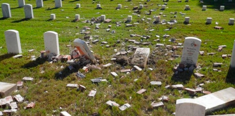 The crash, which occurred early Wednesday morning in a part of the cemetery where Civil War unknowns are buried, left numerous headstones on the ground or out of place, Star News Online reported. (Photo via Twitter)