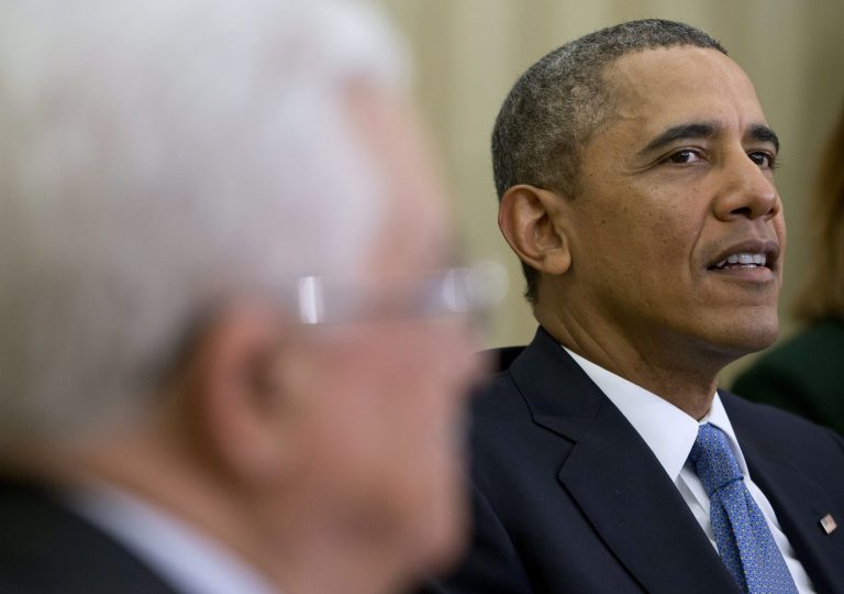 President Barack Obama meets with Palestinian President Mahmoud Abbas in the Oval Office of the White House in Washington, Monday, March 17, 2014. President Barack Obama said a Mideast peace solution remains elusive but he's hoping to see progress in coming days and weeks. Obama spoke as he sat down Monday with Palestinian President Mahmoud Abbas to discuss the path forward.  (AP Photo/Pablo Martinez Monsivais)