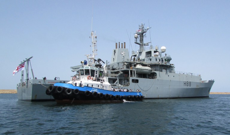 Photo issued by Britain's Ministry of Defence, showing HMS Enterprise as it evacuates Britons from Tripoli, Libya, Sunday Aug. 3, 2014. Around 100 Britons have fled from Libya and are on their way to sanctuary in Malta amid increasing violence in the north African state.  The Foreign and Commonwealth Office (FCO) confirmed an evacuation mission involving the Royal Navy survey ship HMS Enterprise had left its mooring near the Libyan capital of Tripoli and was on its way to safety. (AP Photo / MoD, Crown Copyright)