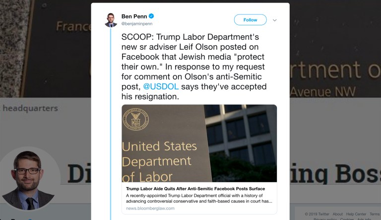 Shameful: Trump Labor appointee forced to resign after Bloomberg portrays sarcastic Facebook post as anti-Semitic