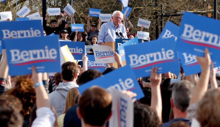 Presidential hopeful, Sen. Bernie Sanders addresses a crowd during a campaign rally, Sunday, April 14, 2019, in Pittsburgh. The Pittsburgh stop was part of a weekend tour of Midwest battleground states, including Wisconsin, Indiana, Ohio and Michigan.