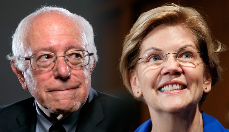 Bernie Sanders and Elizabeth Warren are seen.