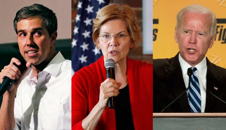 Beto O'Rourke, Elizabeth Warren, and Joe Biden are shown.