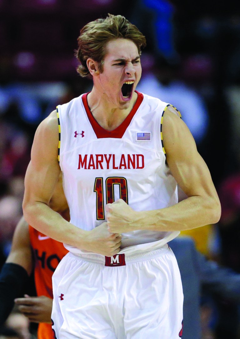 Patrick Semansky/AP
Maryland guard Jake Layman reacts after scoring a three-pointer against Virginia Tech.