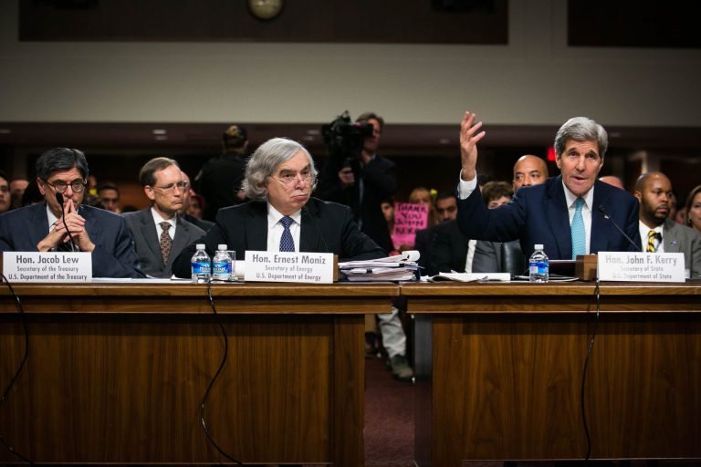 From left: Treasury Secretary Jack Lew, Energy Secretary Ernest Moniz and Secretary of State John Kerry appeared before a Senate Foreign Relations Committee on Thursdayto testify on the Iran nuclear agreement. (Graeme Jennings/Washington Examiner)