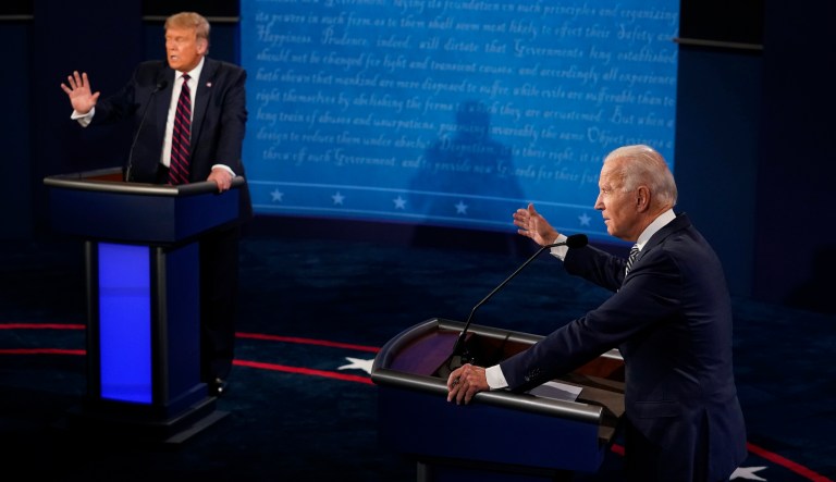 President Donald Trump and Democratic presidential candidate former Vice President Joe Biden exchange points during the first presidential debate Tuesday, Sept. 29, 2020, at Case Western University and Cleveland Clinic, in Cleveland, Ohio. 