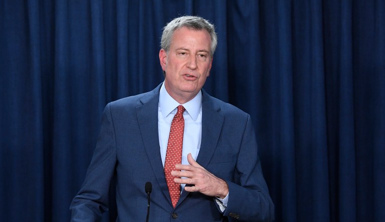 New York City Mayor Bill de Blasio comments on New York Gov. Andrew Cuomo's State of the State address and executive budget proposal, Tuesday, Jan. 15, 2019, in Albany, N.Y.