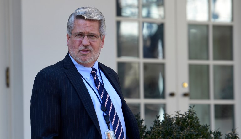 White House deputy chief of staff for communications Bill Shine stands in the Rose Garden before President Donald Trump speaks at the White House, Friday, Jan 25, 2019, in Washington.