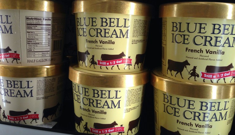 In this April 10, 2015, file photo, Blue Bell ice cream rests on a grocery store shelf in Lawrence, Kan. Delaware's Supreme Court on Tuesday, June 18, 2019, overturned a judge's dismissal of a shareholder lawsuit against one the country's largest ice cream manufacturers involving a 2015 listeria outbreak that left three people dead and caused the company significant financial losses.