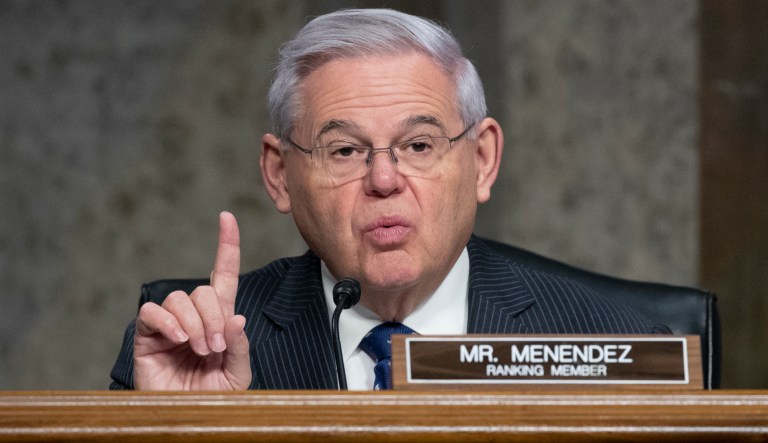 Senate Foreign Relations Committee ranking member Sen. Bob Menendez, D-N.J., pauses while speaking with the media after a closed-door briefing for the members of the Senate Foreign Relations Committee, Tuesday, March 5, 2019, in Washington. 