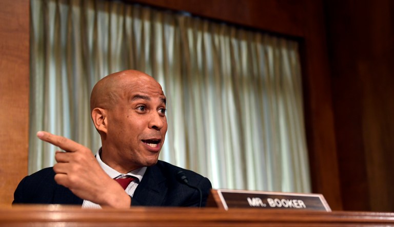 Sen. cory booker, D-N.J., questions Secretary of State Mike Pompeo as he testifies before the Senate Foreign Relations Committee on Capitol Hill in Washington, Wednesday, July 25, 2018, during a hearing on diplomacy and national security.