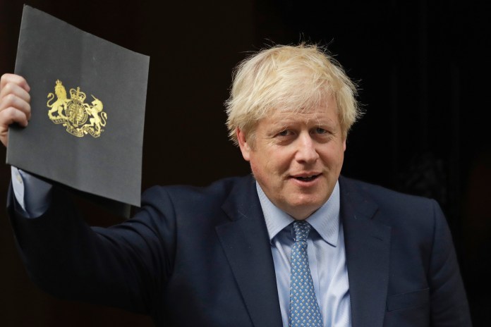 British Foreign Secretary Boris Johnson speaks during a media conference after a meeting of the EU3 and Iran at EEAS headquarters in Brussels on Thursday Jan. 11, 2018. European Union foreign ministers held talks with their Iranian counterpart in Brussels on Thursday amid doubts over the future of an international agreement curbing the Islamic Republic's nuclear ambitions.