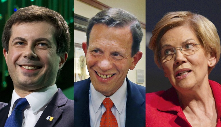 Pete Buttigieg, Steve Grossman, and Elizabeth Warren are pictured.
