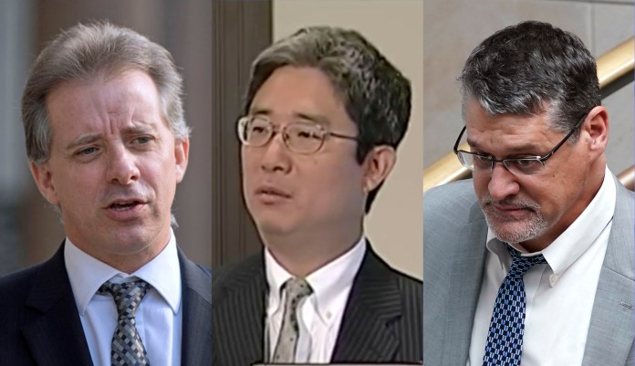 Christopher Steele (left), Bruce Ohr (center), and Glenn Simpson (right) are pictured.