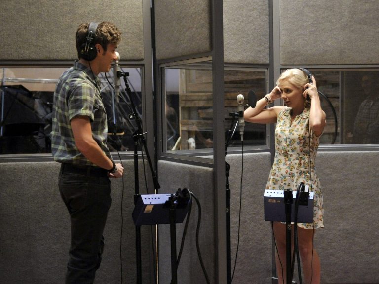   This Aug. 20, 2012 file photo shows Sam Palladio, who portrays Gunnar Scott, left, and Clare Bowen, who portrays Scarlett O' Connor, rehearse a scene on the set of ABC's 