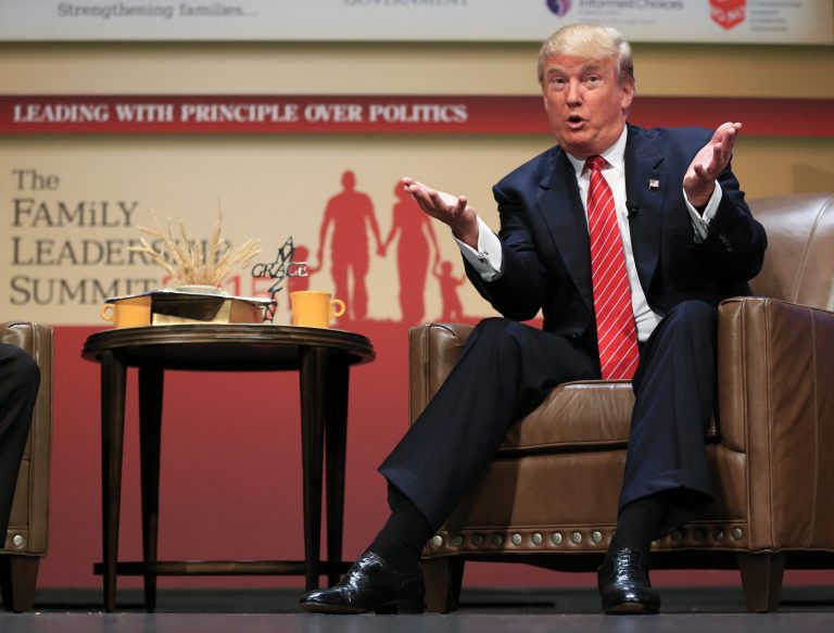 Republican presidential candidate Donald Trump speaks at the Family Leadership Summit in Ames, Iowa, Saturday. (AP Photo/Nati Harnik)