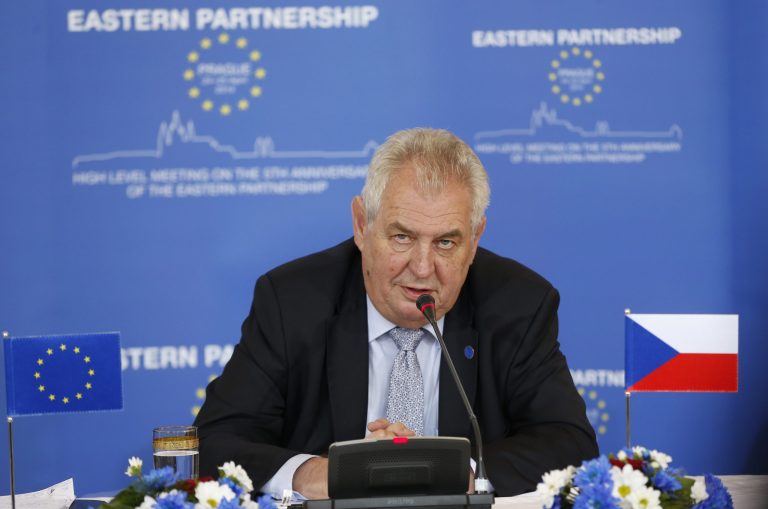 Czech Republic's President Milos Zeman answers questions to media during a press conference after a meeting on the 5th anniversary of the Eastern Partnership at the Prague Castle in Prague, Czech Republic, Friday, April 25, 2014. (AP Photo/Petr David Josek)
