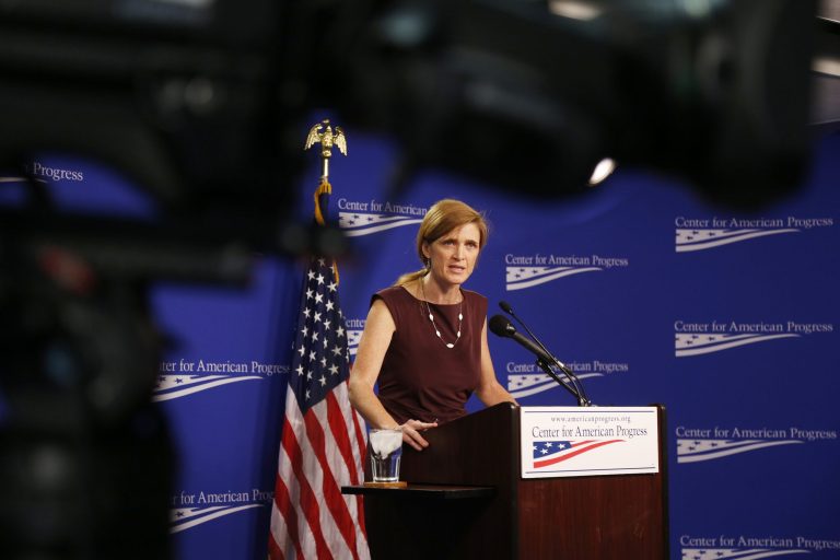 US United Nations Ambassador Samantha Power speaks about Syria, Friday, Sept. 6, at the Center for American Progress in Washington. (AP/Charles Dharapak)