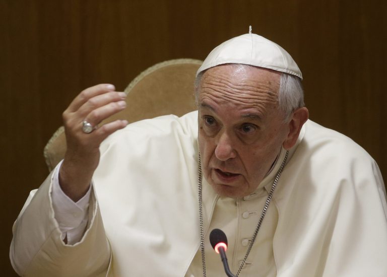 Pope Francis delivers his speech during a conference at the Vatican, Tuesday. (AP Photo/Gregorio Borgia)