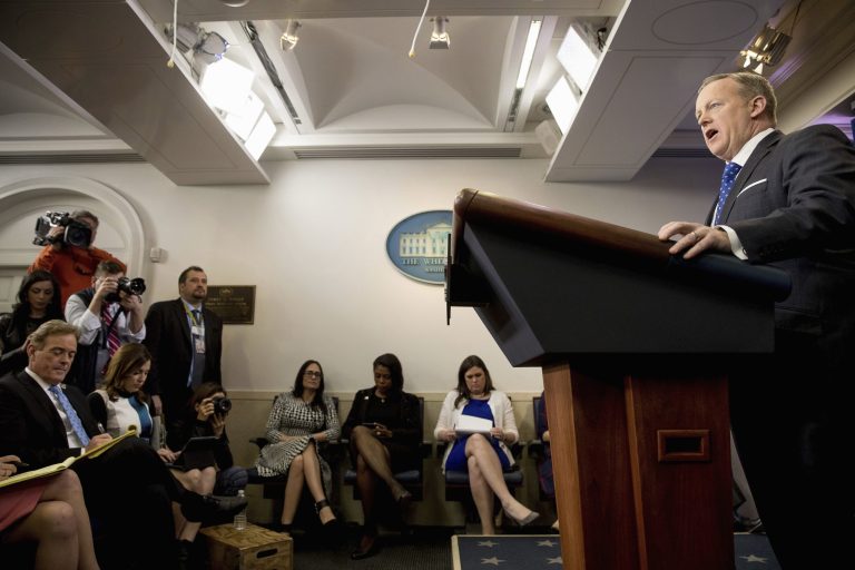 White House press secretary Sean Spicer speaks during the daily press briefing at the White House in Washington, Tuesday, Feb. 21, 2017. (AP Photo/Andrew Harnik)