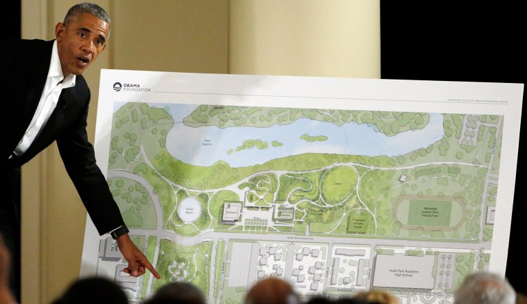 Former President Barack Obama speaks at a community event on the Presidential Center at the South Shore Cultural Center in Chicago. The Obama Presidential Center will not be a part of the presidential library network operated by the National Archives and Records Administration. (AP Photo/Nam Y. Huh, File)