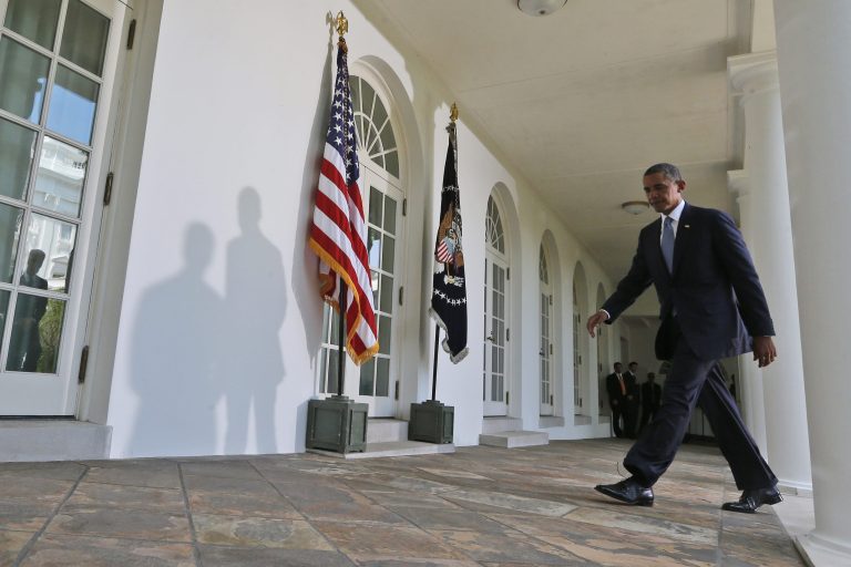 President Barack Obama walks towards the Oval Office after he made a statement about Syria in the Rose Garden at the White House in Washington, Saturday, Aug. 31, 2013. (AP Photo/Charles Dharapak)