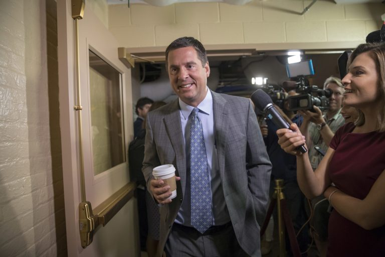 FILE - In this July 28, 2017, file photo, House Intelligence Committee Chairman Rep. Devin Nunes, R-Calif., walks on Capitol Hill in Washington. A political research firm behind a dossier of allegations about President Donald Trump's connections to Russia is balking at subpoenas from the House intelligence committee, with a lawyer for the firm questioning the legitimacy of the panel's probe into Russian meddling. Joshua Levy, a lawyer for Fusion GPS, said in a letter to the panel on Oct. 16 that Nunes is acting 