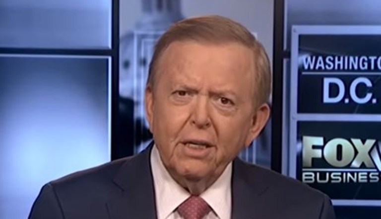 Television host Lou Dobbs is shown on the screen.