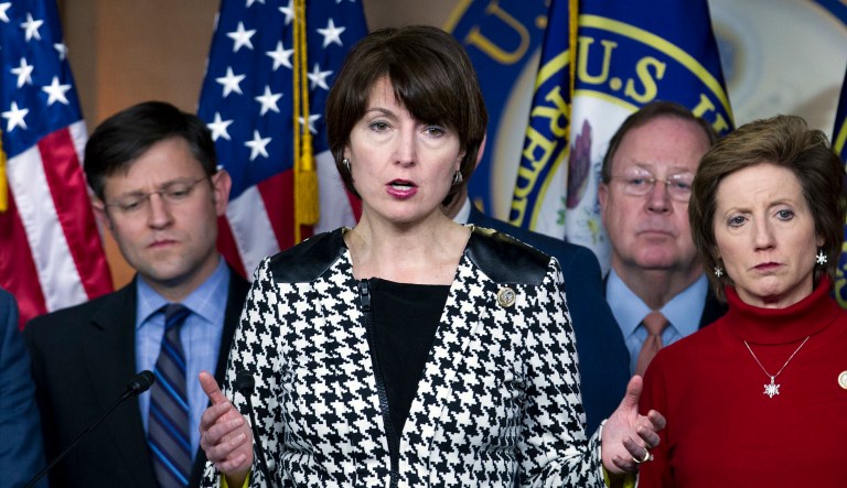 Rep. Cathy McMorris Rodgers, R-Wash., accompanied by other members of Congress, speaks during a news conference Saturday, Jan. 20, 2018, at Capitol Hill in Washington.