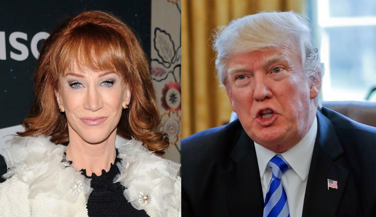 President Trump said Wednesday that the photo released by comedian Kathy Griffin of her holding Trump's severed head has been hard on his children, and said Griffin "should be ashamed" for releasing it.