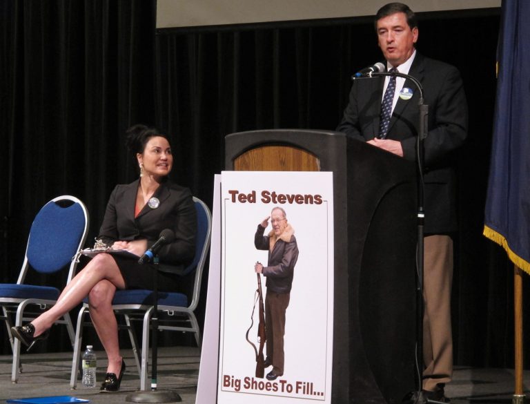 Anchorage, Alaska Mayor Dan Sullivan speaks during a forum for Republican candidates for lieutenant governor at the state GOP convention in Juneau, Alaska on Saturday, May 3, 2014. At left is state Sen. Lesil McGuire of Anchorage. (AP Photo/Becky Bohrer)