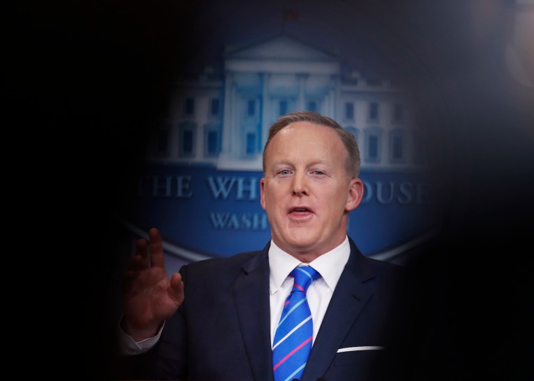 The press secretary continues to brief on the record, but lately, not on camera. (AP Photo/Manuel Balce Ceneta)