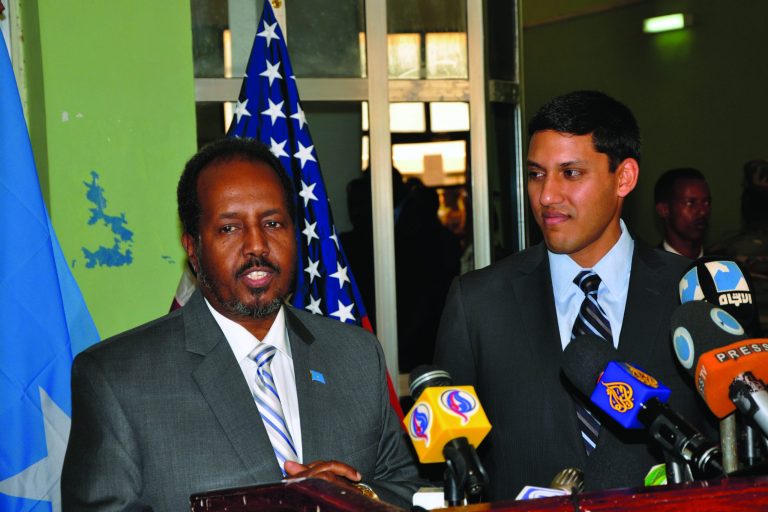 Somali President, Hassan Sheikh Mohamud, left and the USAID administrator Rajiv Shah, right, at a joint press conference at Mogadishu airport, Somalia, Thursday, Feb. 21, 2013. Shah who made the first visit by a high ranking US administration official for years in Somalia has announced $20 million in new funding to support health and education programs, noting the U.S. also wants to help Somalia fight corruption. (AP Photo)
