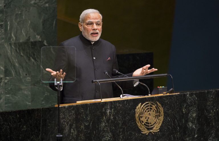 Indian Prime Minister Narendra Modi addresses the 69th United Nations General Assembly at UN headquarters, Saturday, Sept. 27, 2014. (AP Photo/Craig Ruttle)