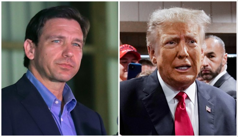 Gov. Ron DeSantis during a campaign event on Friday, June 2, 2023, in Lexington, South Carolina, and former President Donald Trump speaking at the Westside Conservative Breakfast on Thursday, June 1, 2023, in Des Moines, Iowa. Both Florida men are 2024 Republican presidential candidates