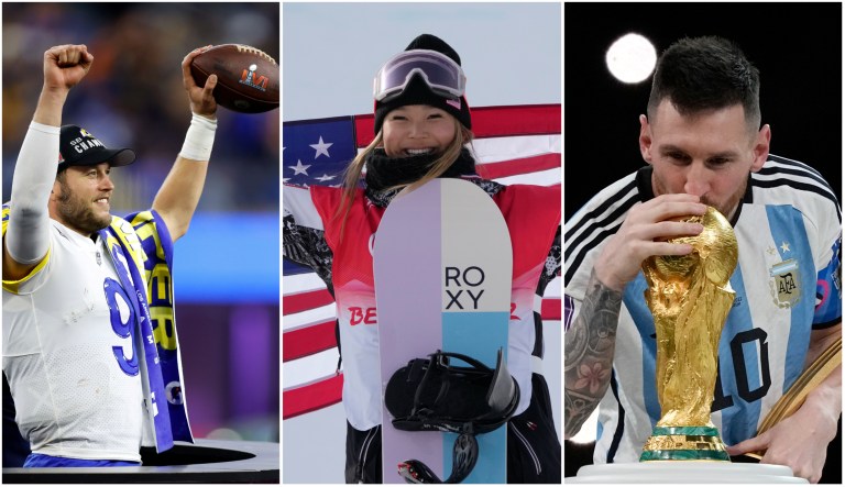 Los Angeles Rams Quarterback Matthew Stafford after winning Super Bowl LVI in Inglewood, California, Olympic Gold Medalist Chloe Kim (USA) after winning the Women's Snowboard Halfpipe at the 2022 Winter Olympics in Beijing, China, and Lionel Messi (ARG) after winning the 2022 FIFA World Cup in Qatar.