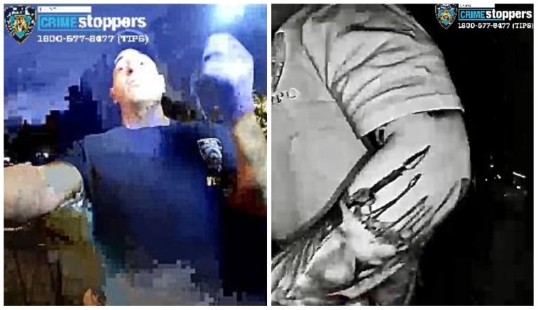 NYPD looking for two men who impersonated police officers to commit robbery A compilation of two images of one of the suspects accused of impersonating a police officer during a robbery on July, 23, 2022 in New York City.