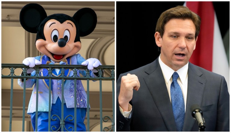 Mickey Mouse at Magic Kingdom Park at the Walt Disney World Resort in Lake Buena Vista, Florida, on April 22, 2022, and Gov. Ron DeSantis (R-FL) speaking at a news conference at the Reedy Creek Administration Building on April 17, 2023, in Lake Buena Vista, Florida.